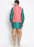 VASTRAMAY Men's Green Cotton Silk Blend Ethnic Jacket, Kurta and Dhoti Pant Set